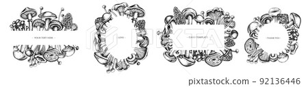 Frames with black and white oyster mushroom, champignon, honey agaric, etc. 92136446
