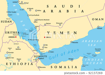 Gulf of Aden area, political map. Deepwater gulf between Yemen, Djibouti, the Guardafui Channel, Socotra and Somalia, connecting the Arabian Sea through the Bab-el-Mandeb strait with the Red Sea. Gulf of Aden area, political map. Deepwater gulf between Yemen, Djibouti, the Guardafui Channel, Socotra and Somalia, connecting the Arabian Sea through the Bab-el-Mandeb strait with the Red Sea. 92137269