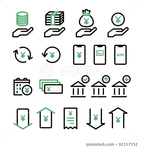 Icon set for money, banknotes, coins, payments, investments, accounting, currencies, e-commerce, households, and finance Icon set for money, banknotes, coins, payments, investments, accounting, currencies, e-commerce, households, and finance 92137352