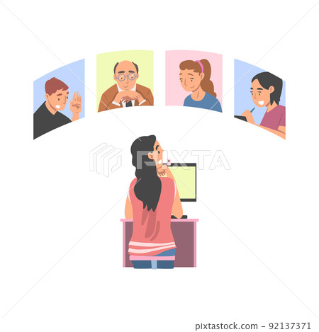 Young woman having conference video call with her business team. Colleagues talking to each other on computer screen cartoon vector illustration 92137371
