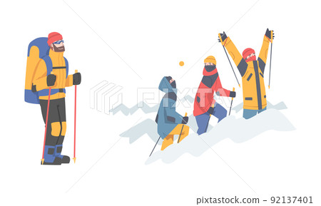 Mountain climbers trekking with sticks in winter season set. Mountaineers in winter outfit standing on top of snow mountain cartoon vector illustration Mountain climbers trekking with sticks in winter season set. Mountaineers in winter outfit standing on top of snow mountain cartoon vector illustration 92137401