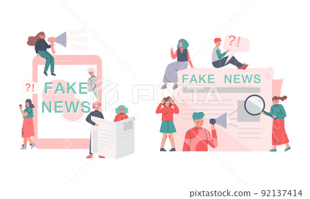Fake news and propaganda in media. Tiny people reading newspaper and information from social networks cartoon vector illustration 92137414
