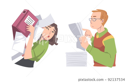 Overloaded man and woman employees with huge stacks of document cartoon vector illustration 92137534