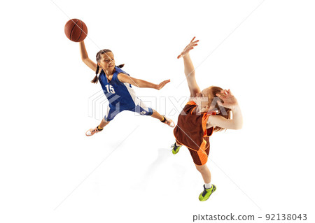 Aerial view of female basketball players, young girls, teen playing basketball isolated on white background. Concept of sport, team, enegry, competition, skills Aerial view of female basketball players, young girls, teen playing basketball isolated on white background. Concept of sport, team, enegry, competition, skills 92138043