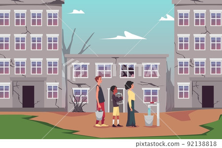 People in destroyed town waiting in queue for tap water, flat vector illustration. People in destroyed town waiting in queue for tap water, flat vector illustration. 92138818
