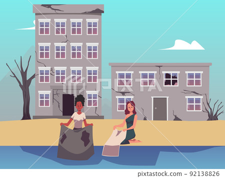 Sad women washing clothes in pond, destroyed city landscape, flat vector illustration. 92138826