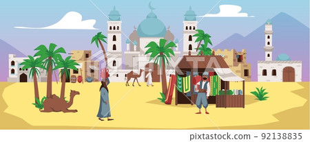 Arabian landscape with buildings, people, market and camels flat style 92138835