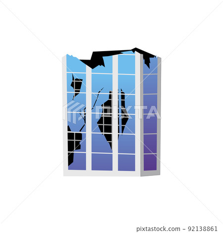 Damaged glass building, post war or apocalyptic city concept, flat vector illustration isolated on white background. 92138861