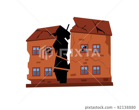Ruined two-story brick house with hole in middle flat style Ruined two-story brick house with hole in middle flat style 92138880
