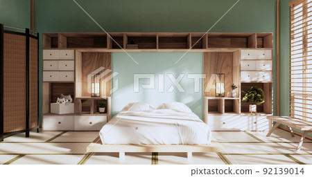 Box Wall Shelves on bed room japanese style, tatami mat and decoration lamp and plants on mint zen room.3D rendering 92139014