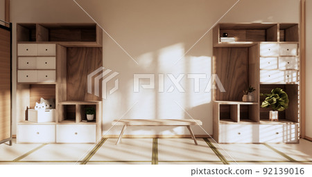 Box Wall Shelves on living room japanese style, tatami mat and decoration lamp and plants on white zen room.3D rendering Box Wall Shelves on living room japanese style, tatami mat and decoration lamp and plants on white zen room.3D rendering 92139016