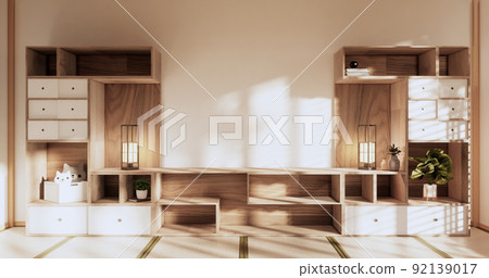 Box Wall Shelves on living room japanese style, tatami mat and decoration lamp and plants on white zen room.3D rendering Box Wall Shelves on living room japanese style, tatami mat and decoration lamp and plants on white zen room.3D rendering 92139017