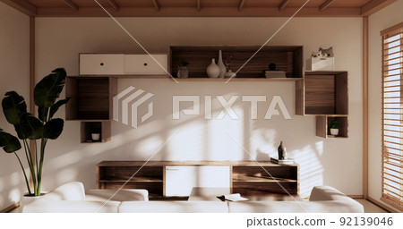 Box Wall Cabinet Shelves on living room japanese style, sofa and decoration lamp and plants on white zen room.3D rendering Box Wall Cabinet Shelves on living room japanese style, sofa and decoration lamp and plants on white zen room.3D rendering 92139046