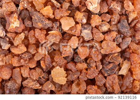 Myrrh resin background. Natural Commiphora myrrha. Sweet Myrrh Opoponax. Incense. Top view. 92139116