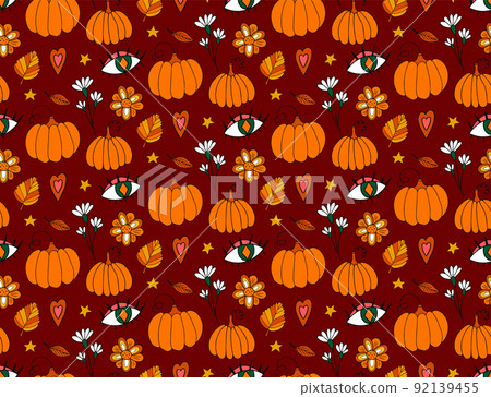 Retro 70s autumn vibe, hippie psychedelic groovy pattern. Cartoon funky autumn texture. vector illustration. 92139455