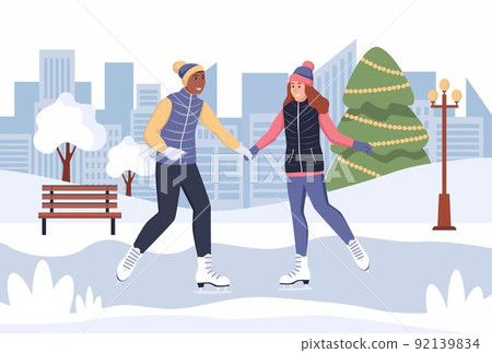 A young man and a woman skate in winter. A couple in love is having fun on a date. Flat vector illustration 92139834