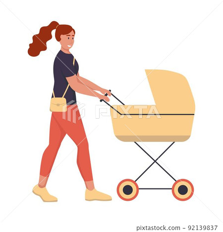 A young woman with a stroller is walking down the street. Flat vector illustration. 92139837