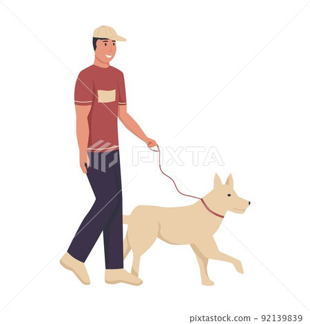 A young man walks with a dog on the street. Flat vector illustration. A young man walks with a dog on the street. Flat vector illustration. 92139839