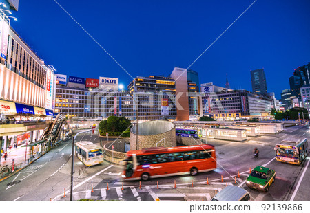 Tokyo cityscape of Japan: View of Odakyu Shinjuku Station and Keio Line Shinjuku Station from the entrance side of the Shinjuku West Exit rotary = July 17 92139866