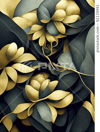 Abstract Floral Background. Blue and Gold Flourishes on Blurred Background 92139991