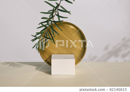 Empty square white podium with round disk and green leaves Empty square white podium with round disk and green leaves 92140015