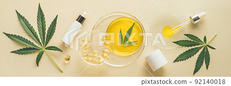 Skin care cosmetics with CBD oil and cannabis in a white mock-up package Skin care cosmetics with CBD oil and cannabis in a white mock-up package 92140018