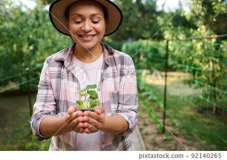 Smiling pleasant female gardener agronomist holds seedling in her hands, before planting into a fertilized open ground  92140265