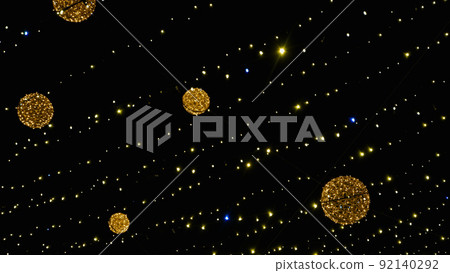 Yellow lights of a New Year's garland on a dark background. Abstraction and christmas background. 92140292