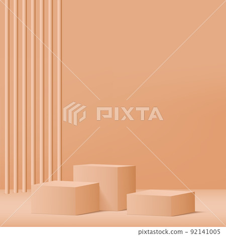 3d cream color podium and minimal cream color wall scene. 3d podium minimal abstract background. Vector 92141005
