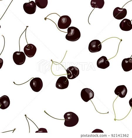 Cherry seamless pattern. Bunches of black juicy berries. Healthy, sweet and delicious food. Texture for printing on fabric or product packaging. Cartoon flat vector illustration. Cherry seamless pattern. Bunches of black juicy berries. Healthy, sweet and delicious food. Texture for printing on fabric or product packaging. Cartoon flat vector illustration. 92141362