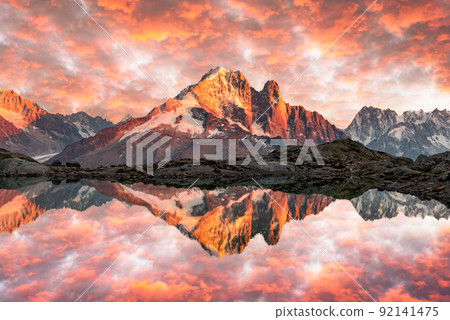 Colourful sunset on Lac Blanc lake in France Alps 92141475