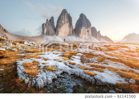 Incredible view of the Three Peaks of Lavaredo in morning light Incredible view of the Three Peaks of Lavaredo in morning light 92141500