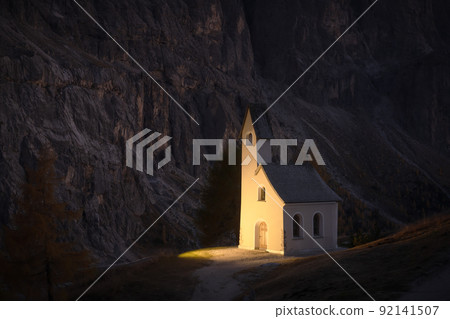 Incredible view on small iIlluminated chapel 92141507