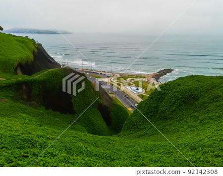 Lima, Peru: Miraflores district coastline, cliffs and seascape Lima, Peru: Miraflores district coastline, cliffs and seascape 92142308