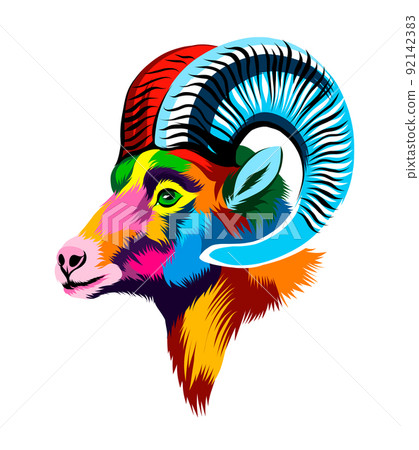Abstract bighorn sheep head portrait, mountain sheep from multicolored paints. Colored drawing Abstract bighorn sheep head portrait, mountain sheep from multicolored paints. Colored drawing 92142383