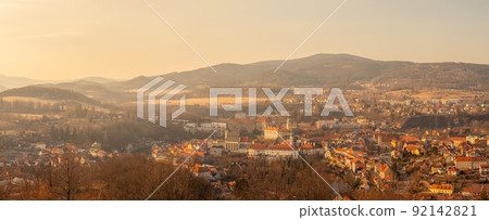 the town of Cesky Krumlov in the valley of the countryside, the Klet mountain on the horizon, Czech republic the town of Cesky Krumlov in the valley of the countryside, the Klet mountain on the horizon, Czech republic 92142821