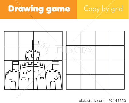Draw castle. Grid copy worksheet. educational children game. Printable drawing activity for toddlers and kids. 92143550