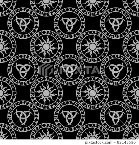 seamless geometric gray ornament of scandinavian symbols in a circle on a black background, texture, design seamless geometric gray ornament of scandinavian symbols in a circle on a black background, texture, design 92143580