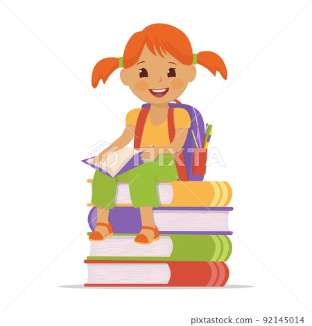 The concept of a reading girl with a briefcase sitting on a stack of books. Vector cartoon illustration. 92145014