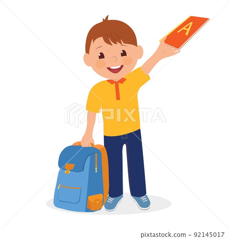 A happy little boy with a briefcase and a letter. Vector flat illustration. 92145017