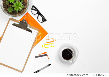 Blank office desk background with copy space for your text. Top view. 92146472