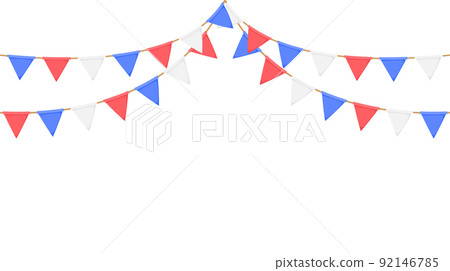 Flag garland. White, blue, red pennants chains. Party bunting decoration. Triangle celebration flags for party decor. Vector Flag garland. White, blue, red pennants chains. Party bunting decoration. Triangle celebration flags for party decor. Vector 92146785