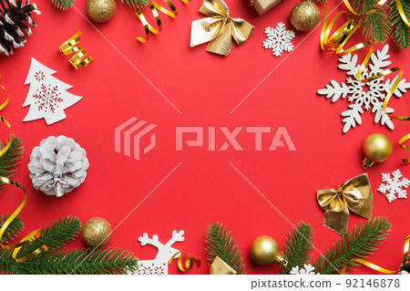 Christmas background with fir branches and Christmas decor. Top view, copy space for text 92146878