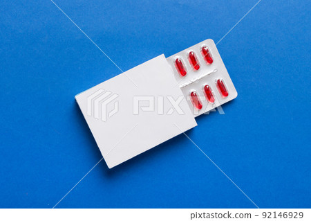 Blank White Product Package Box Mock-up. Open blank medicine drug box with Vatamin a blister top view 92146929