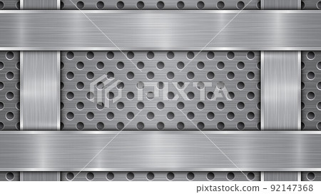 Metal background with holes and four polished plates Metal background with holes and four polished plates 92147368