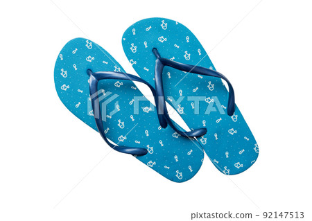 Blue flip flops isolated on white background. Top view 92147513