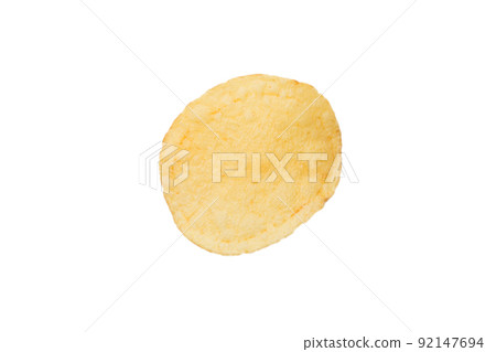 Top view of potato chips isolated on white background. Delicious piece of crispy golden chips. Tasty round potato slice in closeup. Top view 92147694