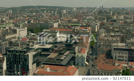 Aerial view of Old Town district and Knez Mihailova Street, the main pedestrian and shopping zone in Belgrade Aerial view of Old Town district and Knez Mihailova Street, the main pedestrian and shopping zone in Belgrade 92147811