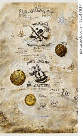 Pirate doubloons on an old papyrus. Image of old coins on an ancient pirate map. Ancient paper scroll with a drawing of doubloons and instructions. Perfect for phone wallpaper or for posters. Pirate doubloons on an old papyrus. Image of old coins on an ancient pirate map. Ancient paper scroll with a drawing of doubloons and instructions. Perfect for phone wallpaper or for posters. 92147937