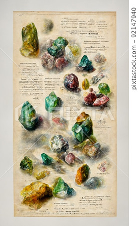 Bright gems on an old papyrus. Gems depicted on an ancient manuscript. An ancient paper scroll with a drawing of stones and their descriptions. Perfect for phone wallpaper or for posters. Bright gems on an old papyrus. Gems depicted on an ancient manuscript. An ancient paper scroll with a drawing of stones and their descriptions. Perfect for phone wallpaper or for posters. 92147940